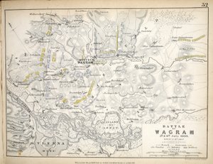 Mapa da Batalha de Wagram, publicado por William Blackwood and Sons, Edimburgo e Londres, 1848 (gravura colorida à mão)
